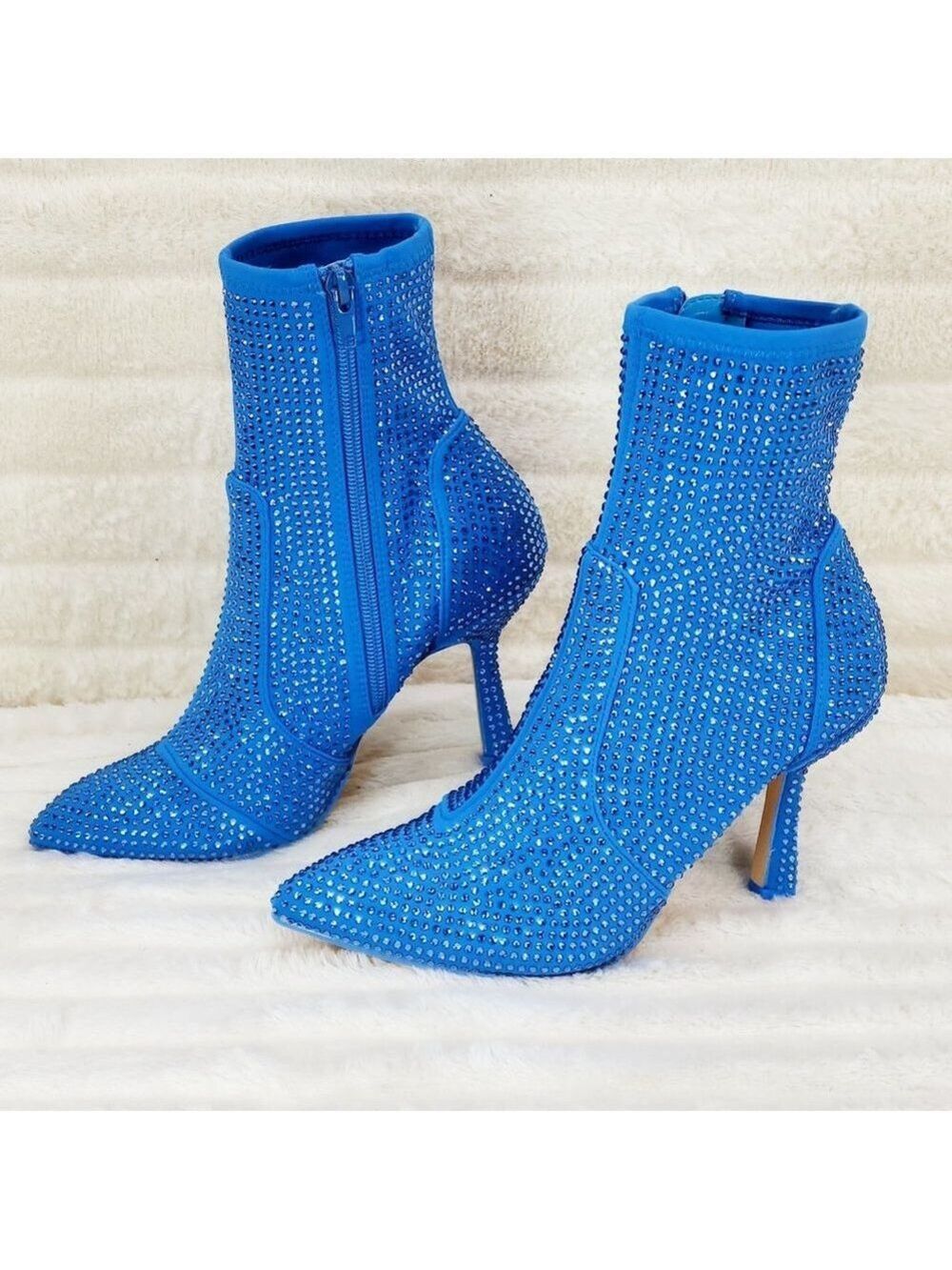 Stunning Blue Stretch Rhinestone Ankle Boots 3.5" Kitten Heels